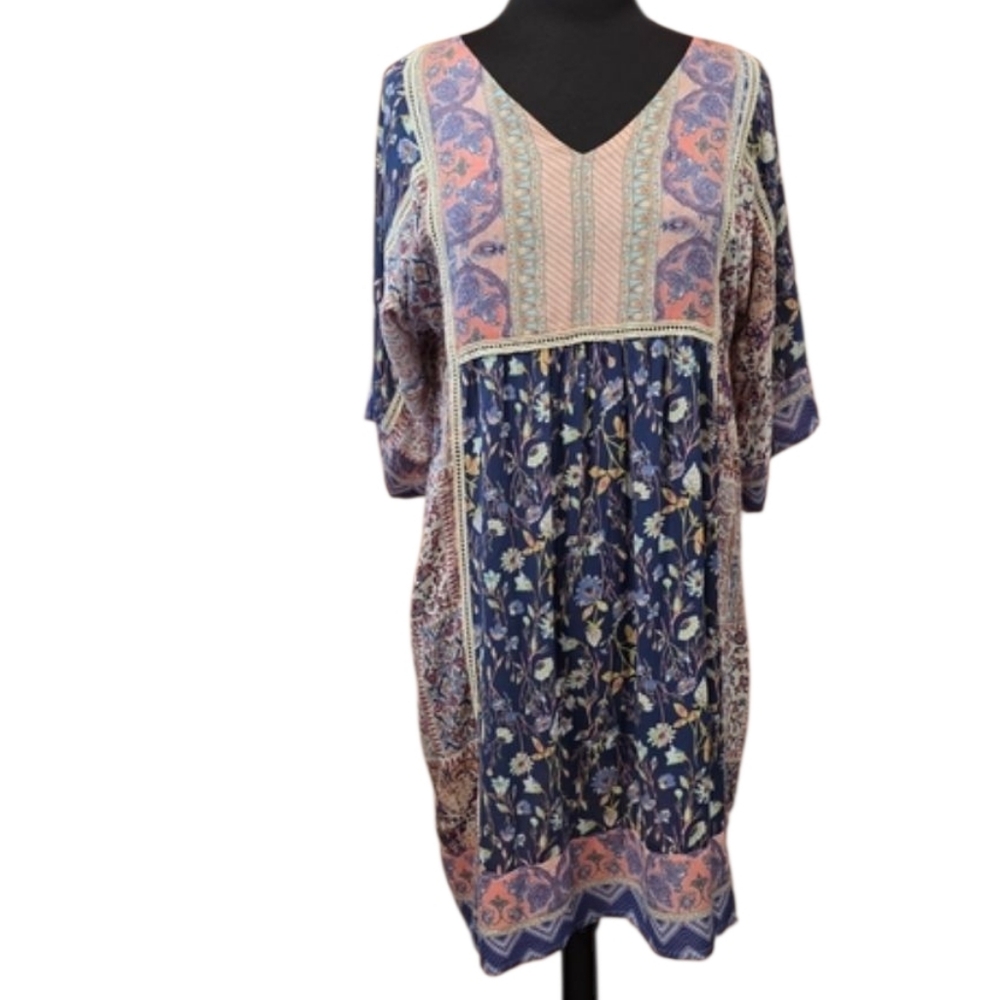 Sundance Boho Peasant Dress Small Hippie Blue and Pink Floral Midi Dress